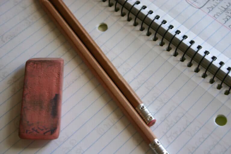 Pencil, notebook and eraser