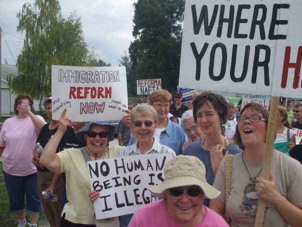 Me (on the far left), protesting the immigration raid in Postville, Iowa with other Sisters in my FSPA community, summer of 2008.