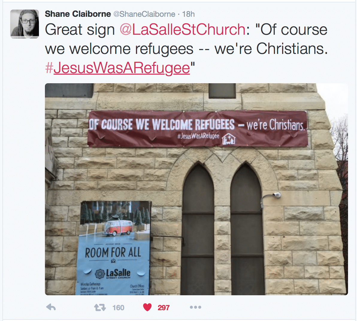 #JesusWasARefugee at La Salle Street Church, @ShaneClaiborne on Twitter