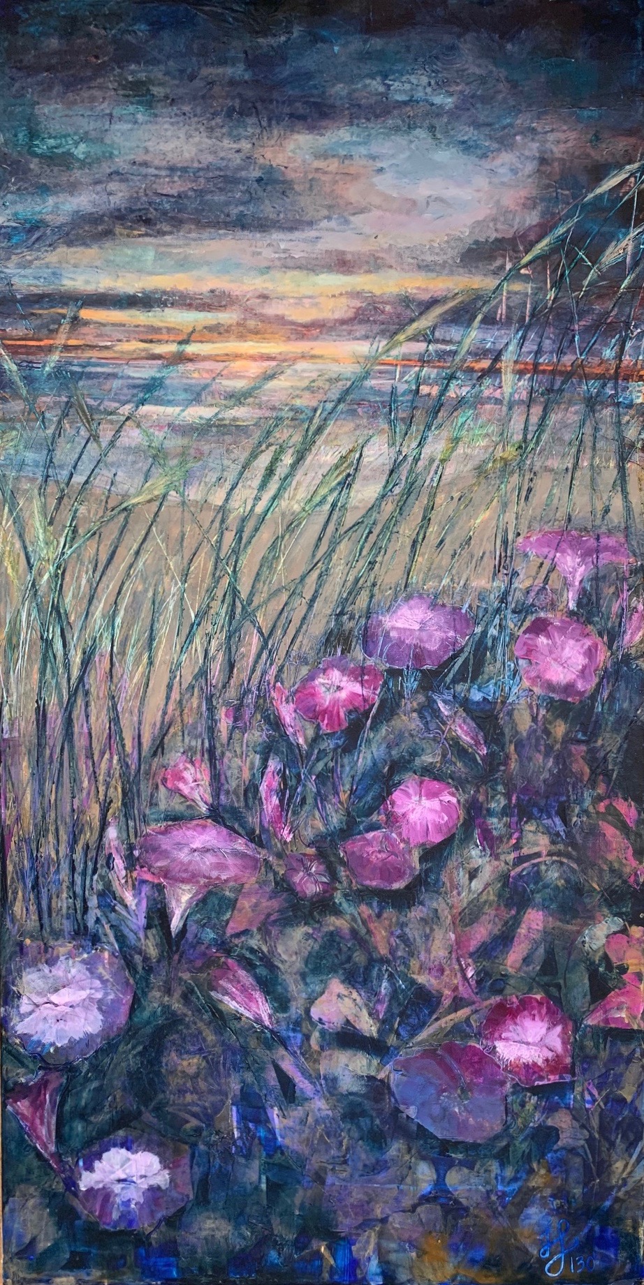 painting-purple-flowers-tall-grass-ocean-sunrise