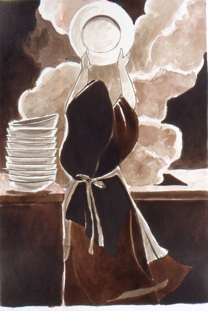 black-white-drawing-woman -black-cloak-washing-dishes