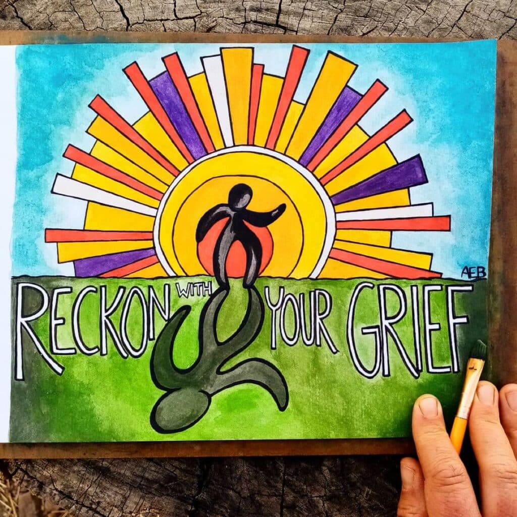 watercolor image of sun and grass and shadow of a figure running "Reckon With Your Grace"