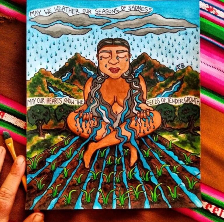 watercolor illustration of woman sitting in corn field behind mountain underneath rain clouds