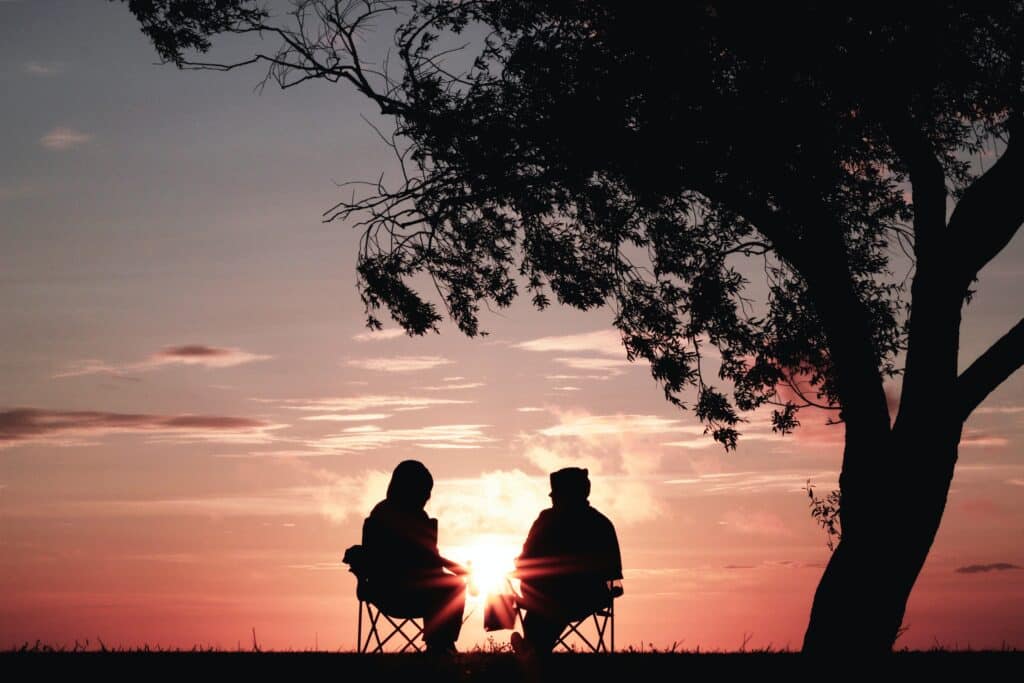 Silhouette of two people sitting on folding chairs beside a tree and a pink sunset