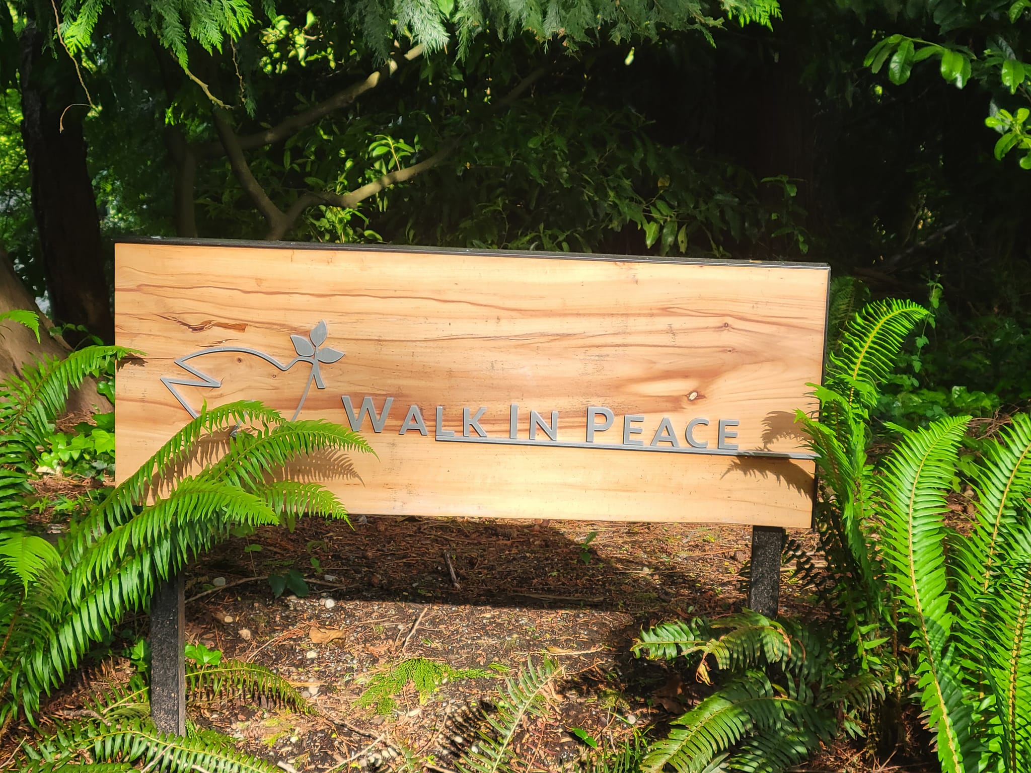 Wooden sign outdoors surrounded by plants that says "Walk in Peace"
