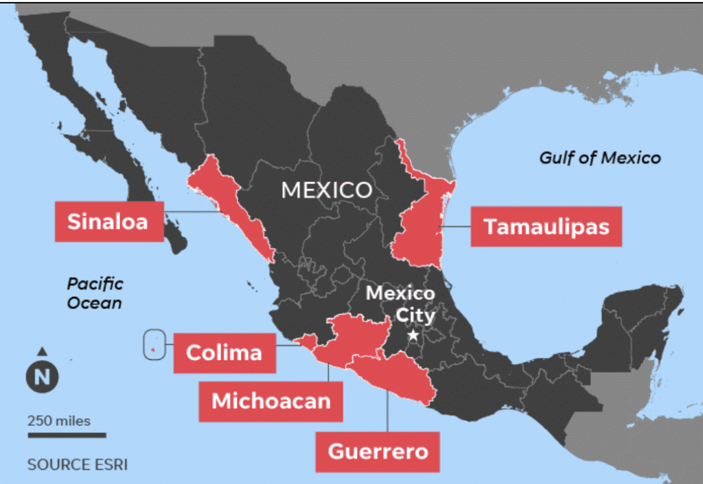Map of Mexico, with places to avoid for safety highlighted