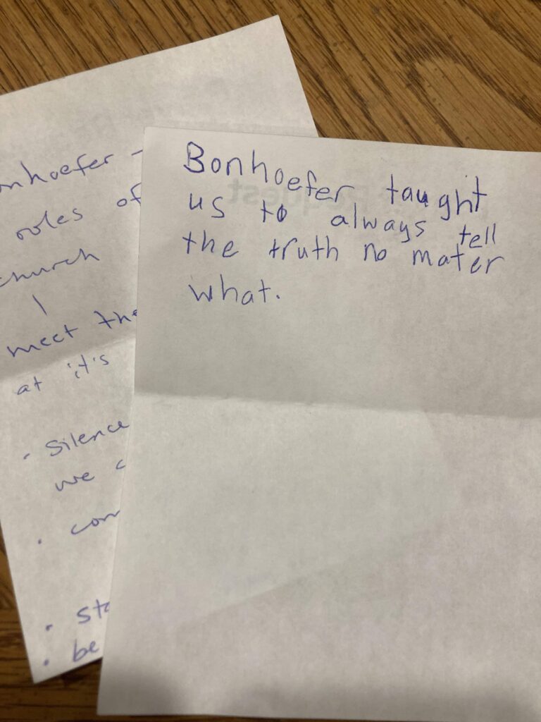 Two pages with handwritten notes about Bonhoeffer