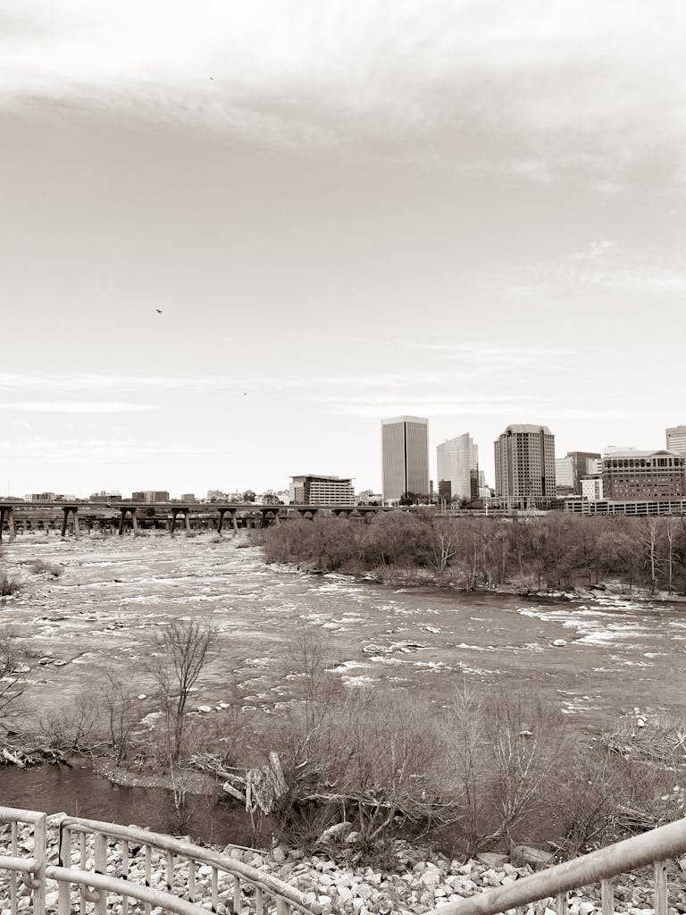 Monochrome view of Richmond skyline and James River with winter's icy touch.